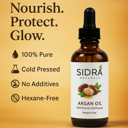 SIDRA Naturals Argan Oil – 100% Pure, Cold-Pressed & Hexane-Free | زيت الأركان من سيدرا ناتشورالز – نقي ومعصور على البارد وخالٍ من الهكسان، لتغذية وحماية وتوهج البشرة والشعر
