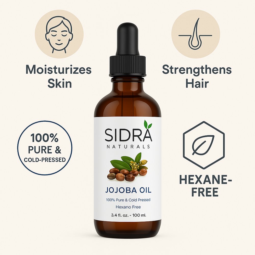 SIDRA Naturals Jojoba Oil Benefits – moisturizes skin, strengthens hair, cold-pressed & hexane-free | فوائد زيت الجوجوبا من سيدرا ناتشورالز – يرطّب البشرة، يقوي الشعر، نقي 100% ومعصور على البارد