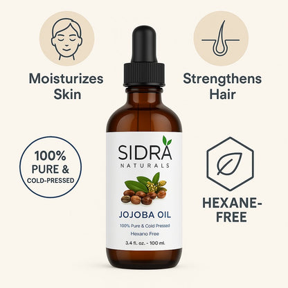 SIDRA Naturals Jojoba Oil Benefits – moisturizes skin, strengthens hair, cold-pressed & hexane-free | فوائد زيت الجوجوبا من سيدرا ناتشورالز – يرطّب البشرة، يقوي الشعر، نقي 100% ومعصور على البارد