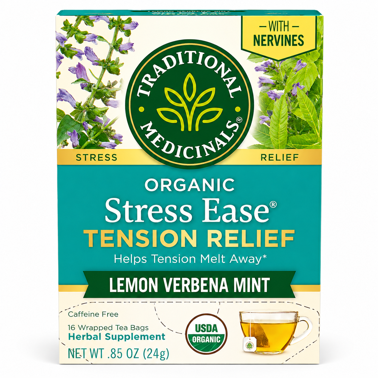 Organic Stress Ease Tea – Lemon Verbena Mint Herbal Tea for Tension Relief - Traditional Medicinals
