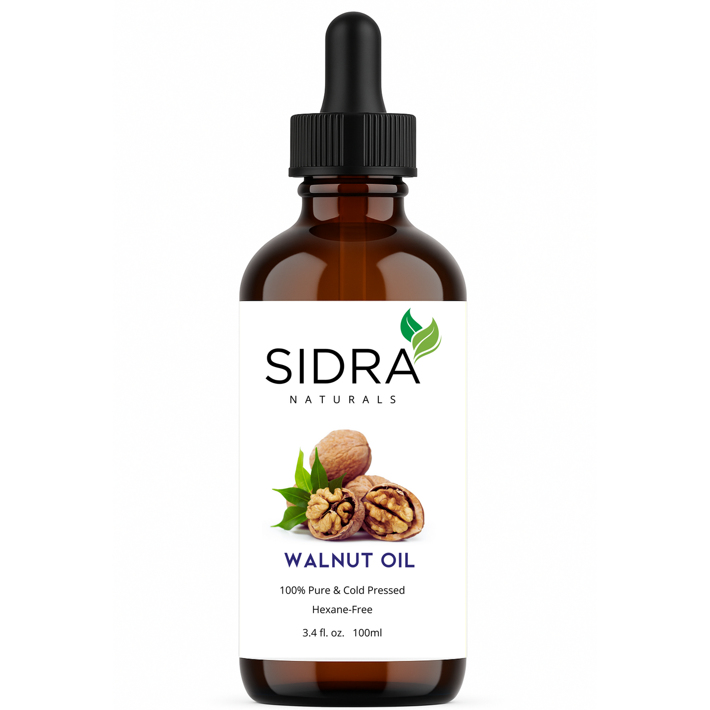 Sidra Naturals 100% Pure Walnut Oil in amber glass bottle with white label and black dropper – cold-pressed and hexane-free.

زيت الجوز النقي 100% من Sidra Naturals بزجاجة بنية وملصق أبيض وقطارة سوداء – معصور على البارد وخالٍ من الهكسان.